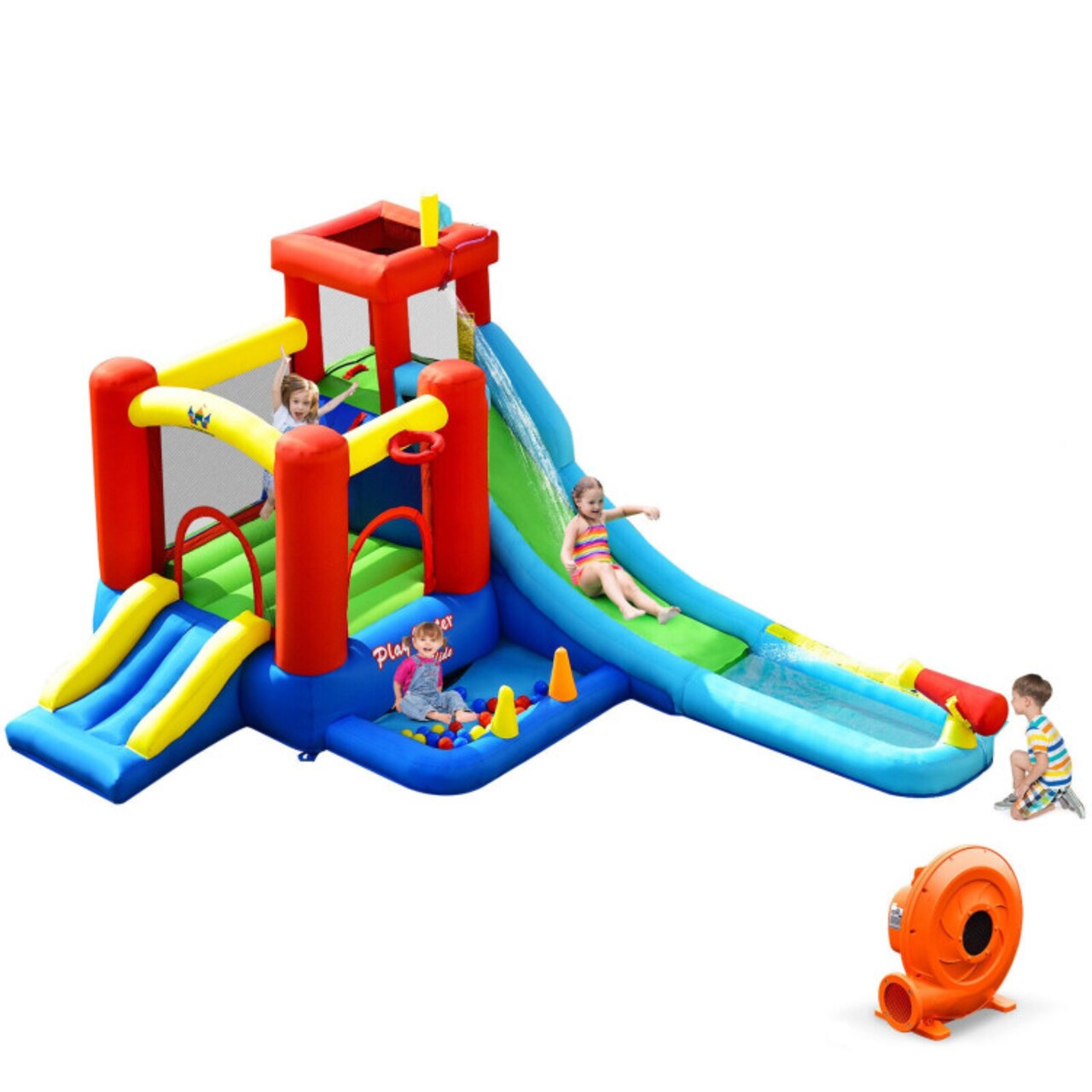 Outdoor Inflatable Water Slide Bounce House With Ball Pit Water Cannon For Kids